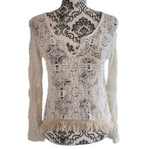 Surf Gypsy Top Beach Crochet Long Sleeve White Cream Fringe Hem Womens Small